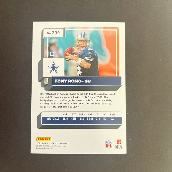 Tony Romo: Dallas Cowboys, Quarterback 2022 Panini Donruss Football #209 - Picture 2 of 2